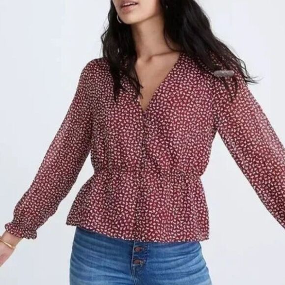 Madewell Overture V-Neck Red Ditsy Flowers Print Button Front Bohemian Sz M - Picture 1 of 14